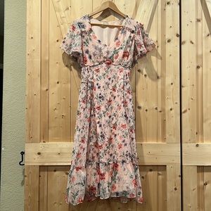 Laura Ashley Pink Blush Floral Midi Swiss Dot Flutter Sleeve Dress Size Medium